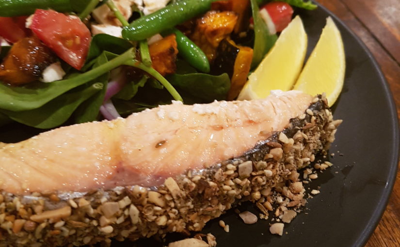 Dukkah Crusted Salmon with Pumpkin, Feta and Bean Salad