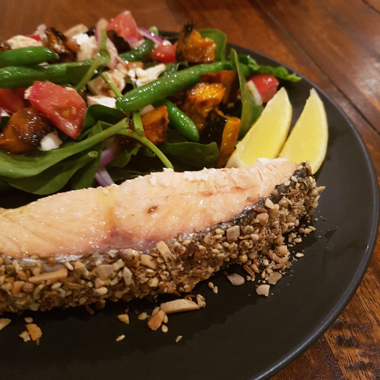 Dukkah Crusted Salmon with Pumpkin, Feta and Bean Salad