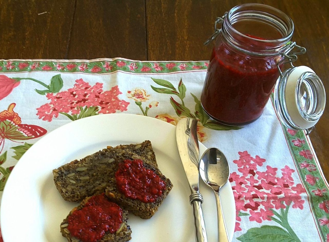 Low Barb Seed bread with Raspberry Chia Jam spread